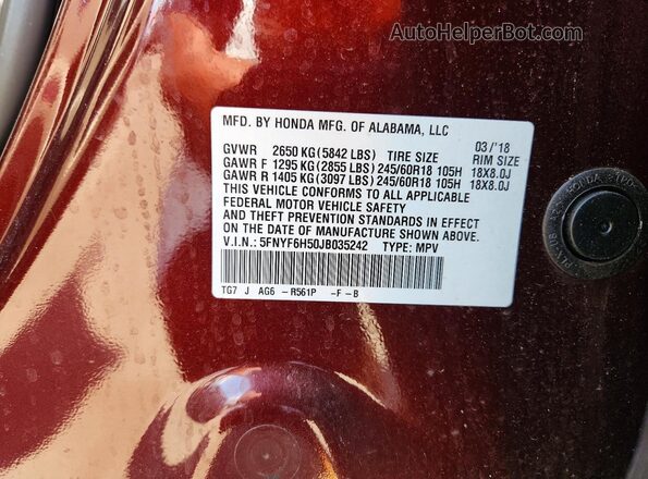 5FNYF6H50JB035242 2018 HONDA PILOT Maroon 