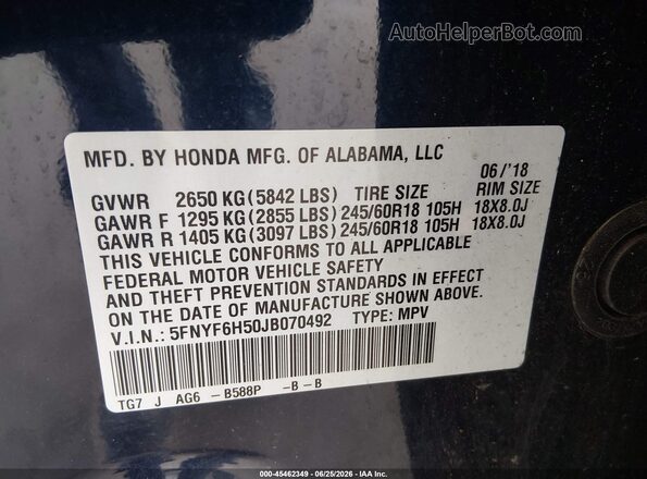 5FNYF6H50JB070492 2018 HONDA PILOT Blue Вид підкапотного простору