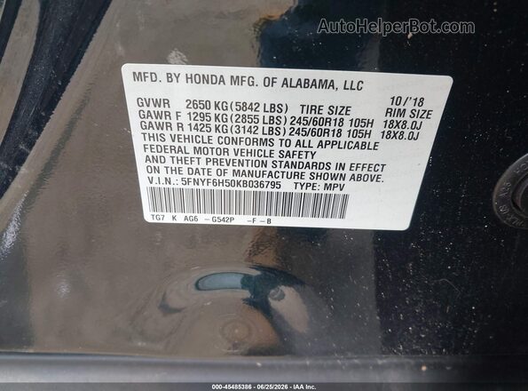 5FNYF6H50KB036795 2019 HONDA PILOT Green Engine compartment view