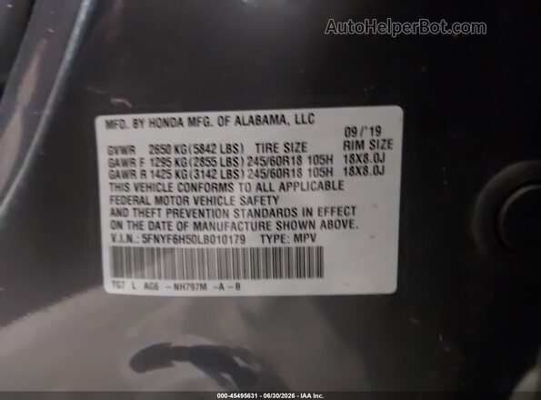 5FNYF6H50LB010179 2020 HONDA PILOT Gray Widok komory silnika