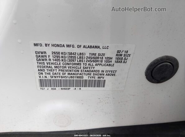 5FNYF6H51JB019003 2018 HONDA PILOT White Շարժիչի բաժամունքի տեսք