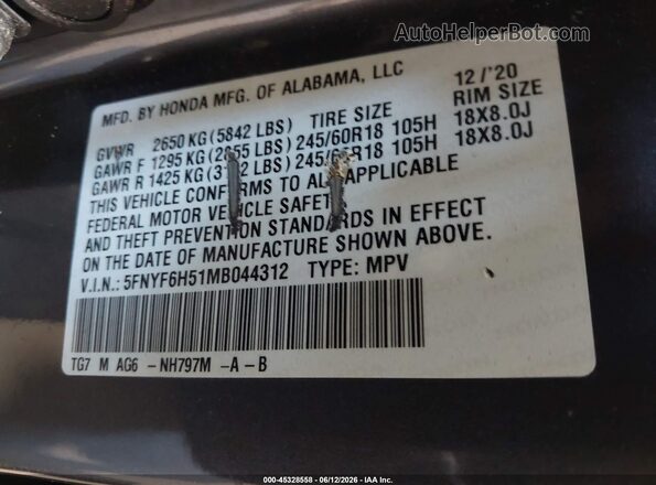 5FNYF6H51MB044312 2021 HONDA PILOT Gray Vista del compartimento del motor