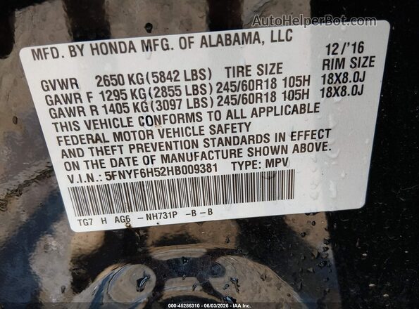 5FNYF6H52HB009381 2017 HONDA PILOT Black Vista del compartimento del motor