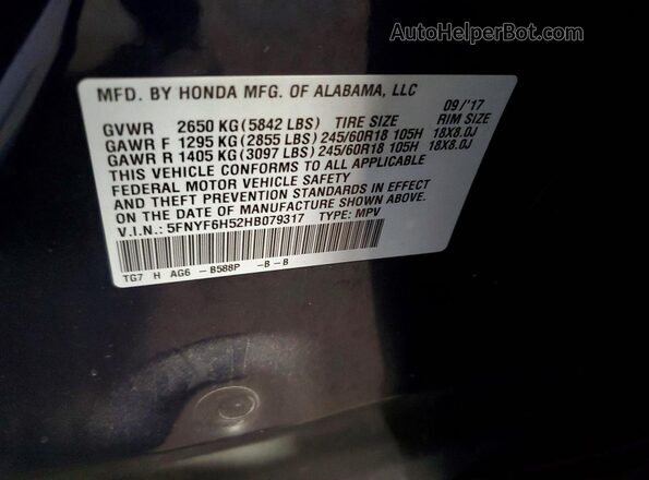 5FNYF6H52HB079317 2017 HONDA PILOT Blue 