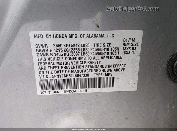 5FNYF6H52JB047330 2018 HONDA PILOT Silver ძრავის განყოფილების ხედი
