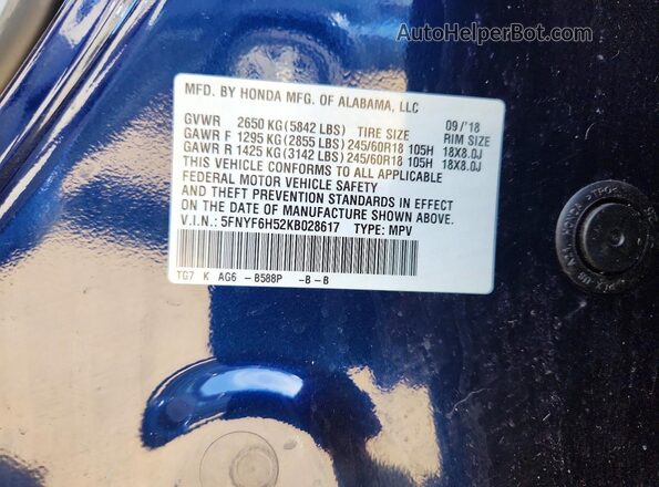 5FNYF6H52KB028617 2019 HONDA PILOT Blue Widok naklejki z numerem VIN
