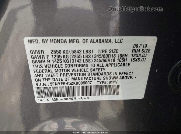 5FNYF6H52KB095007 2019 HONDA PILOT Gray ძრავის განყოფილების ხედი