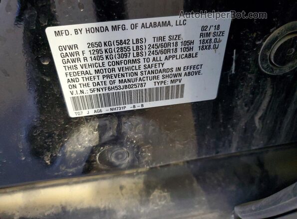 5FNYF6H53JB025787 2018 HONDA PILOT Black Widok naklejki z numerem VIN
