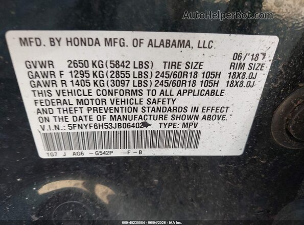 5FNYF6H53JB064024 2018 HONDA PILOT Черный Вид подкапотного пространства