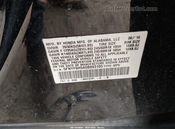 5FNYF6H54GB093105 2016 HONDA PILOT Black Vista del compartimento del motor