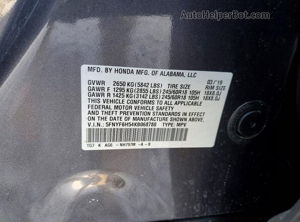 5FNYF6H54KB068780 2019 HONDA PILOT Gray 