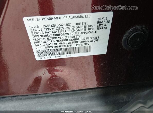 5FNYF6H54KB093954 2019 HONDA PILOT Burgundy Vista del compartimento del motor