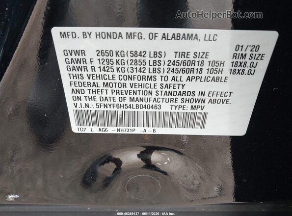 5FNYF6H54LB040463 2020 HONDA PILOT Black Widok komory silnika