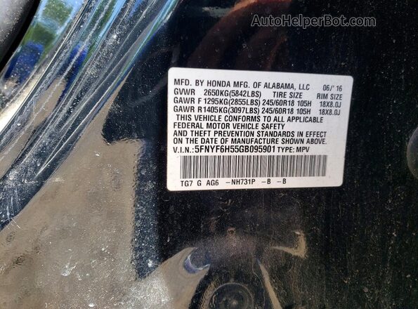 5FNYF6H55GB095901 2016 HONDA PILOT Black Widok naklejki z numerem VIN