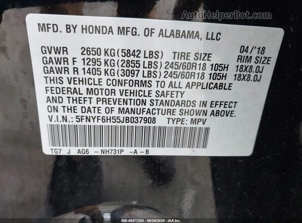 5FNYF6H55JB037908 2018 HONDA PILOT Black Vista del compartimento del motor