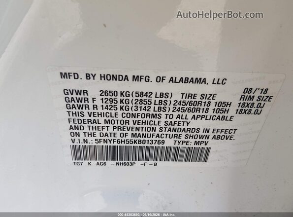 5FNYF6H55KB013769 2019 HONDA PILOT White Engine compartment view