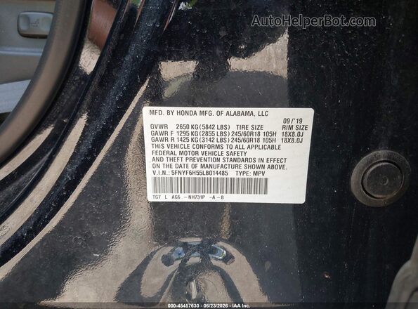 5FNYF6H55LB014485 2020 HONDA PILOT Black ძრავის განყოფილების ხედი