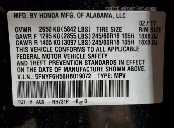 5FNYF6H56HB019072 2017 HONDA PILOT Black 