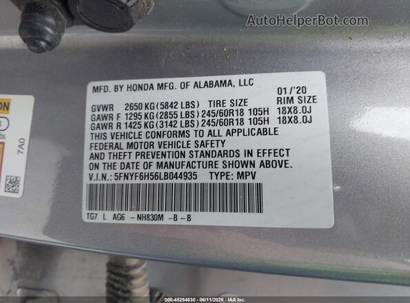 5FNYF6H56LB044935 2020 HONDA PILOT Silver Engine compartment view