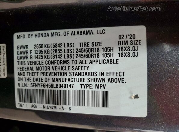 5FNYF6H56LB049147 2020 HONDA PILOT Gray VIN sticker view