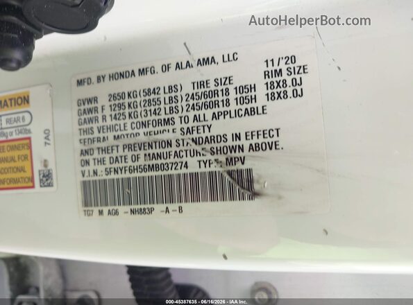 5FNYF6H56MB037274 2021 HONDA PILOT White ძრავის განყოფილების ხედი