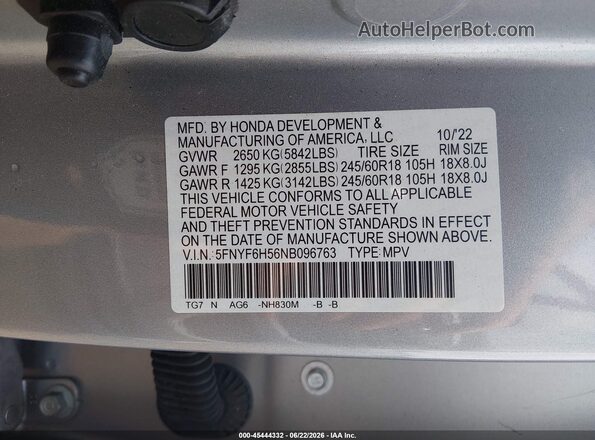 5FNYF6H56NB096763 2022 HONDA PILOT Silver Vista del compartimento del motor