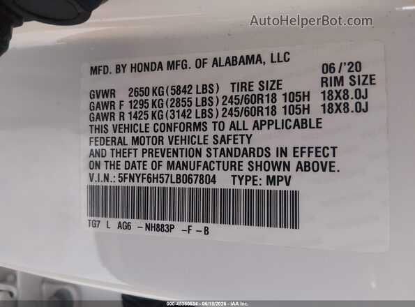 5FNYF6H57LB067804 2020 HONDA PILOT White ძრავის განყოფილების ხედი