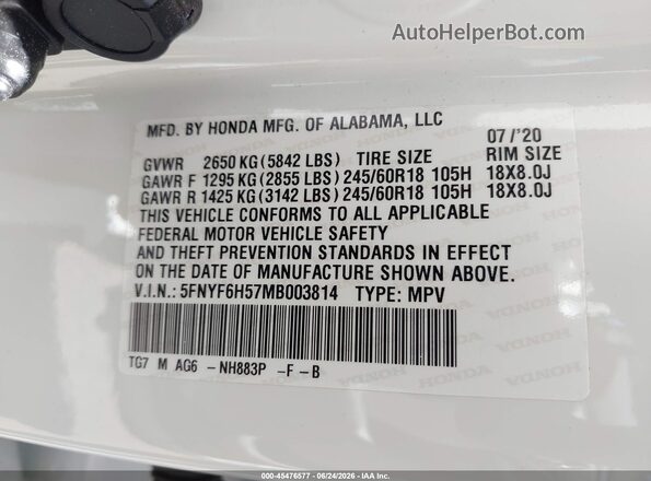 5FNYF6H57MB003814 2021 HONDA PILOT White Vista del compartimento del motor
