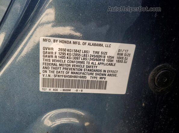 5FNYF6H58HB016805 2017 HONDA PILOT Blue Widok naklejki z numerem VIN