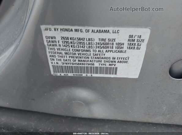 5FNYF6H58KB019498 2019 HONDA PILOT Silver Вид підкапотного простору