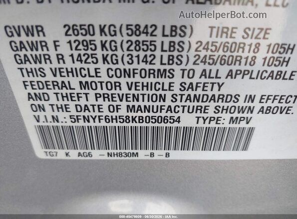 5FNYF6H58KB050654 2019 HONDA PILOT Silver Widok komory silnika