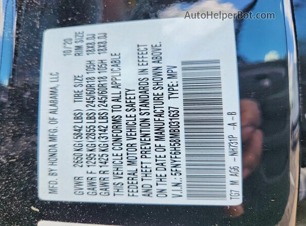 5FNYF6H58MB031637 2021 HONDA PILOT Black 