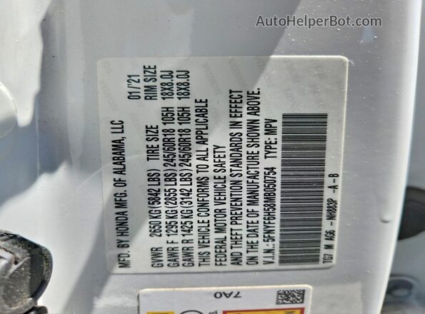 5FNYF6H58MB050754 2021 HONDA PILOT White 
