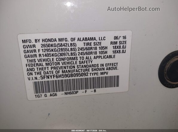 5FNYF6H59GB095092 2016 HONDA PILOT White ძრავის განყოფილების ხედი