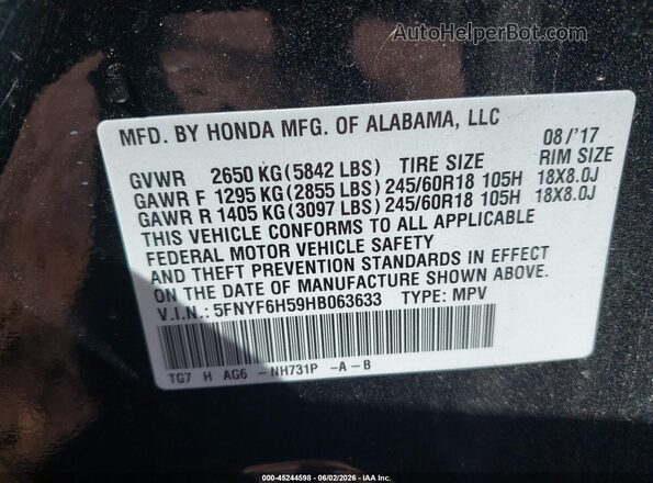 5FNYF6H59HB063633 2017 HONDA PILOT Black Շարժիչի բաժամունքի տեսք
