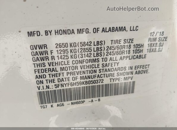 5FNYF6H59KB050372 2019 HONDA PILOT White Vista del compartimento del motor