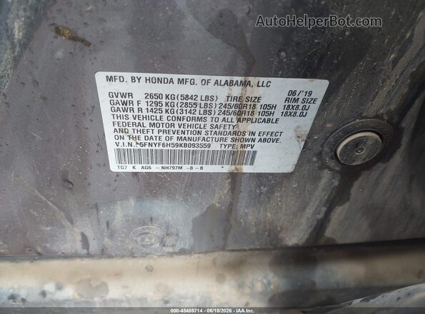 5FNYF6H59KB093559 2019 HONDA PILOT Черный Вид подкапотного пространства