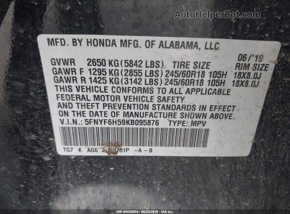 5FNYF6H59KB095876 2019 HONDA PILOT Black Շարժիչի բաժամունքի տեսք