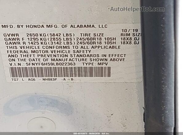 5FNYF6H59LB022363 2020 HONDA PILOT White ძრავის განყოფილების ხედი