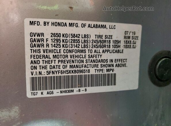 5FNYF6H5XKB096518 2019 HONDA PILOT Silver 