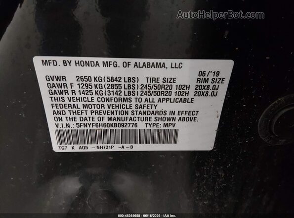 5FNYF6H60KB092776 2019 HONDA PILOT Black Вид підкапотного простору