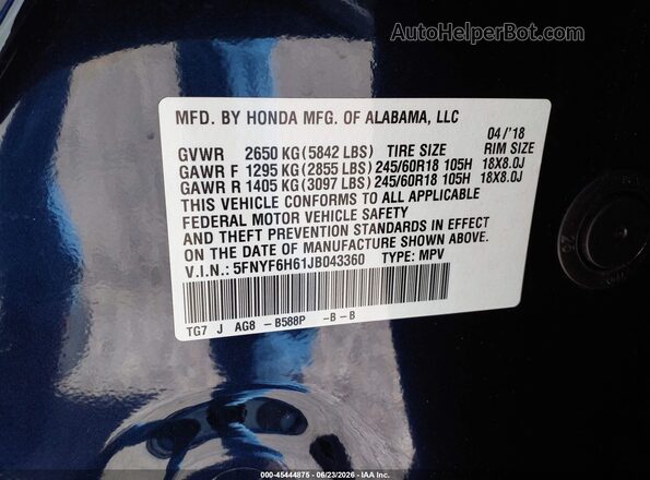 5FNYF6H61JB043360 2018 HONDA PILOT Blue Widok komory silnika