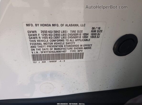 5FNYF6H63JB061407 2018 HONDA PILOT White ძრავის განყოფილების ხედი