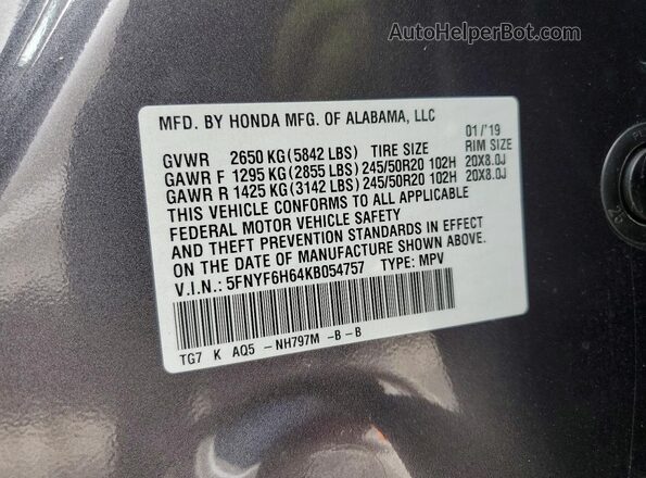 5FNYF6H64KB054757 2019 HONDA PILOT Gray Սալոնի 360 աստիճան տեսք