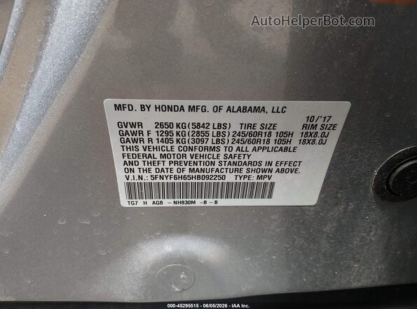 5FNYF6H65HB092250 2017 HONDA PILOT Silver Вид підкапотного простору