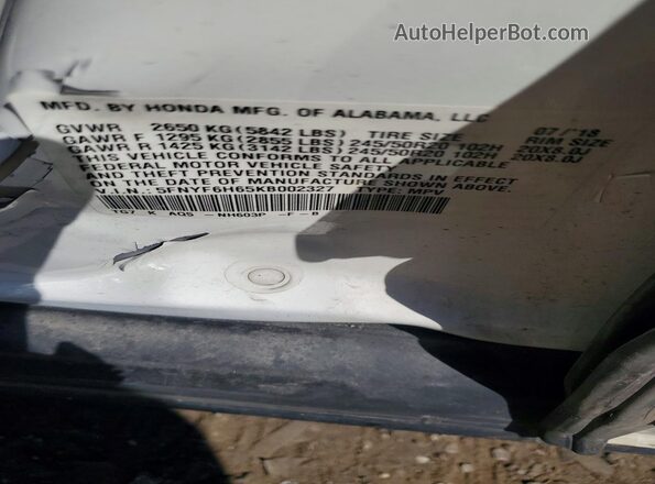 5FNYF6H65KB002327 2019 HONDA PILOT White Vista de la etiqueta del VIN