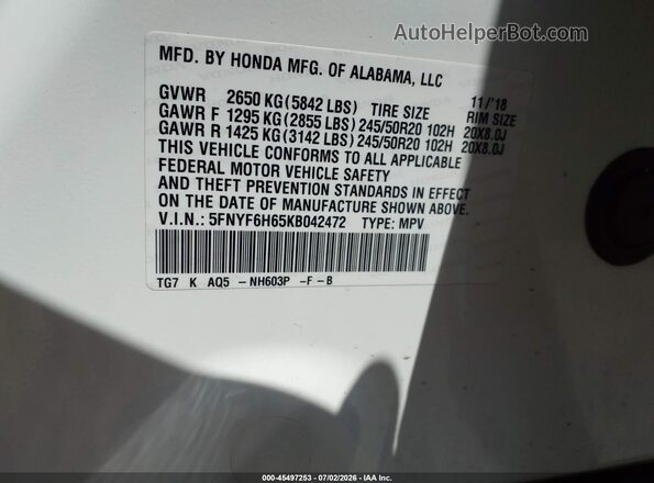 5FNYF6H65KB042472 2019 HONDA PILOT White Vista del compartimento del motor