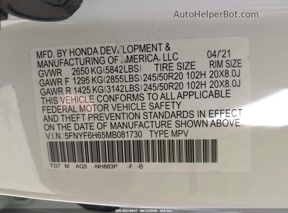 5FNYF6H65MB081730 2021 HONDA PILOT Белый Вид подкапотного пространства
