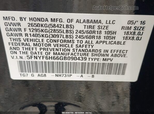 5FNYF6H66GB090439 2016 HONDA PILOT Black Շարժիչի բաժամունքի տեսք