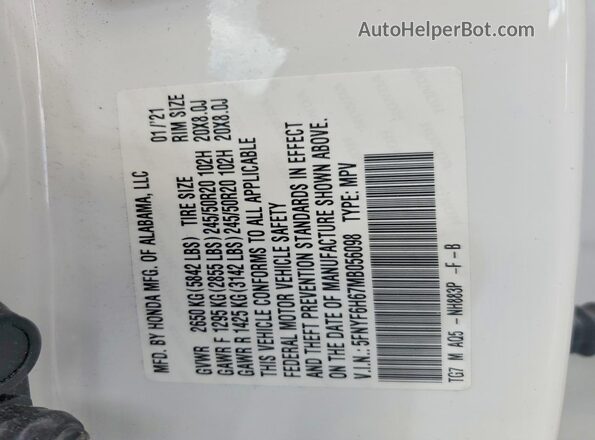 5FNYF6H67MB056098 2021 HONDA PILOT White Вид наклейки з VIN-кодом